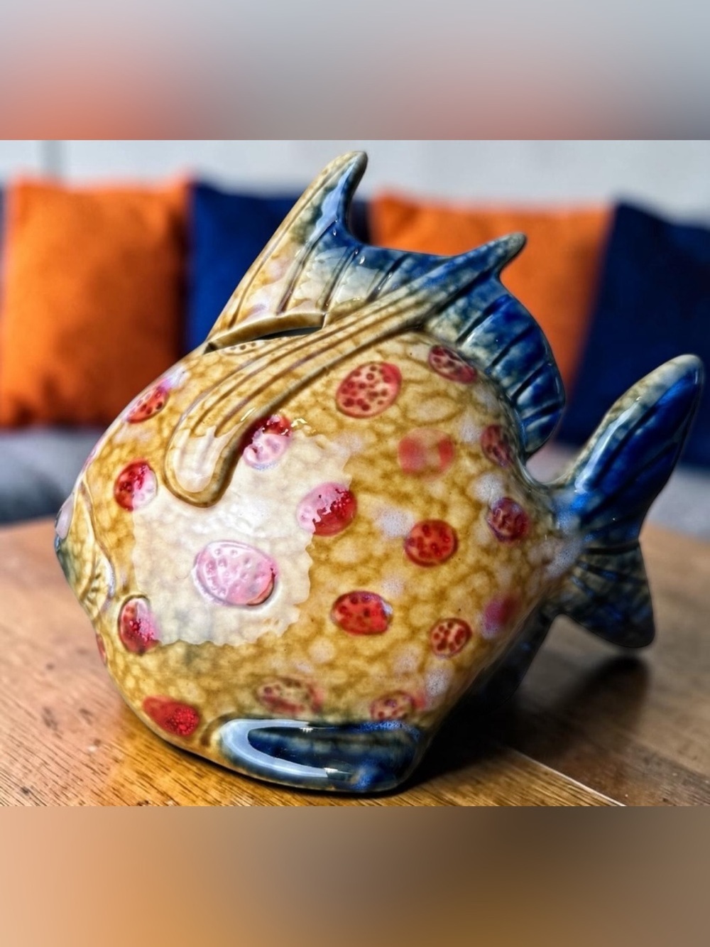 Vintage 70s Hand Painted Ceramic Tropical Fish Coin Bank Retro Pottery Glaze